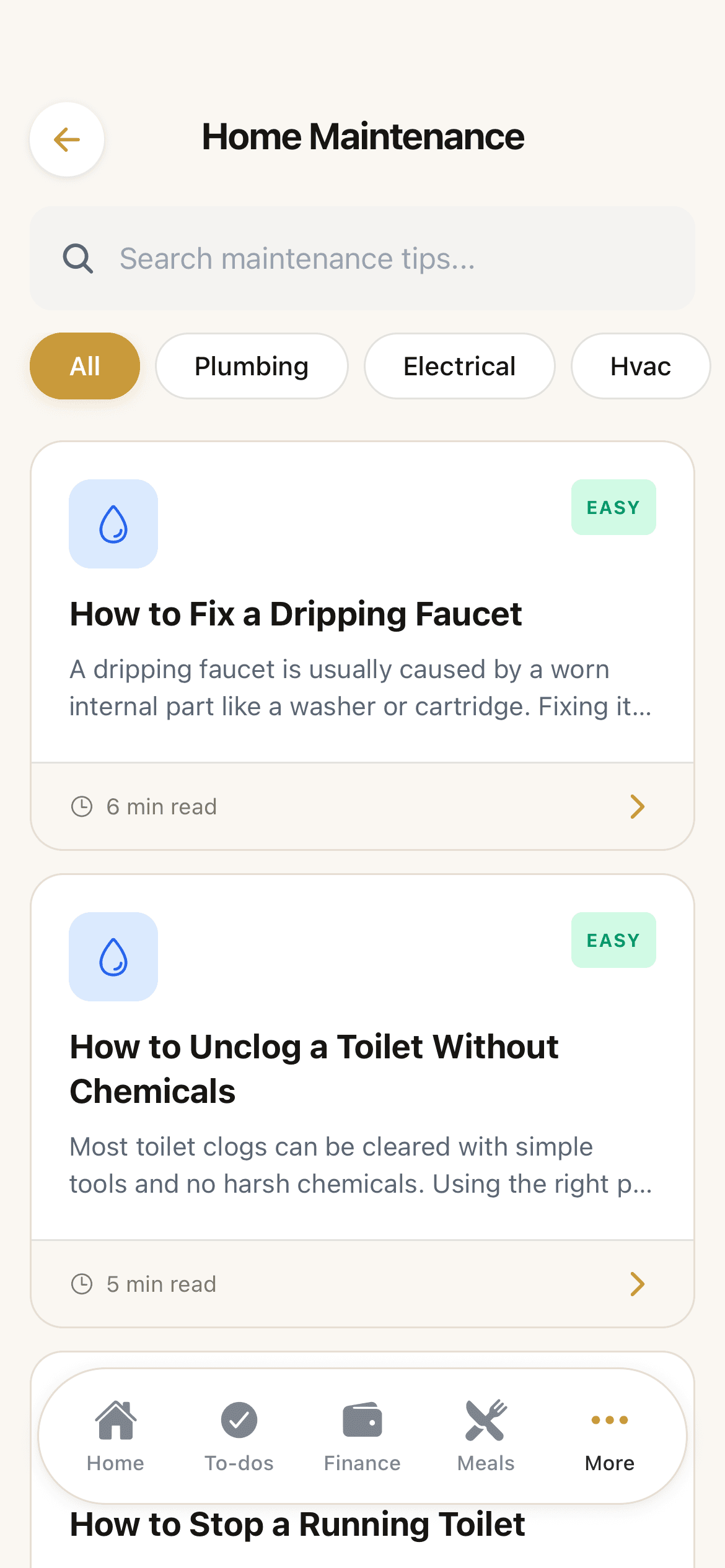 ParentPal home maintenance screen showing plumbing and electrical repair guides