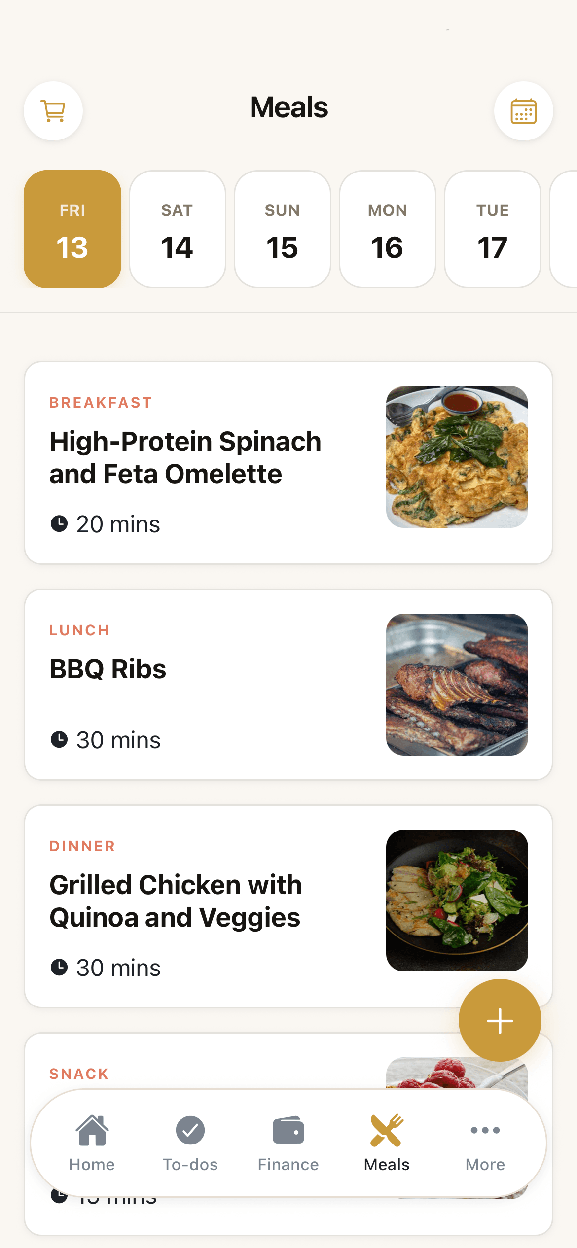 ParentPal meal planning app screen showing a weekly family meal plan and grocery list