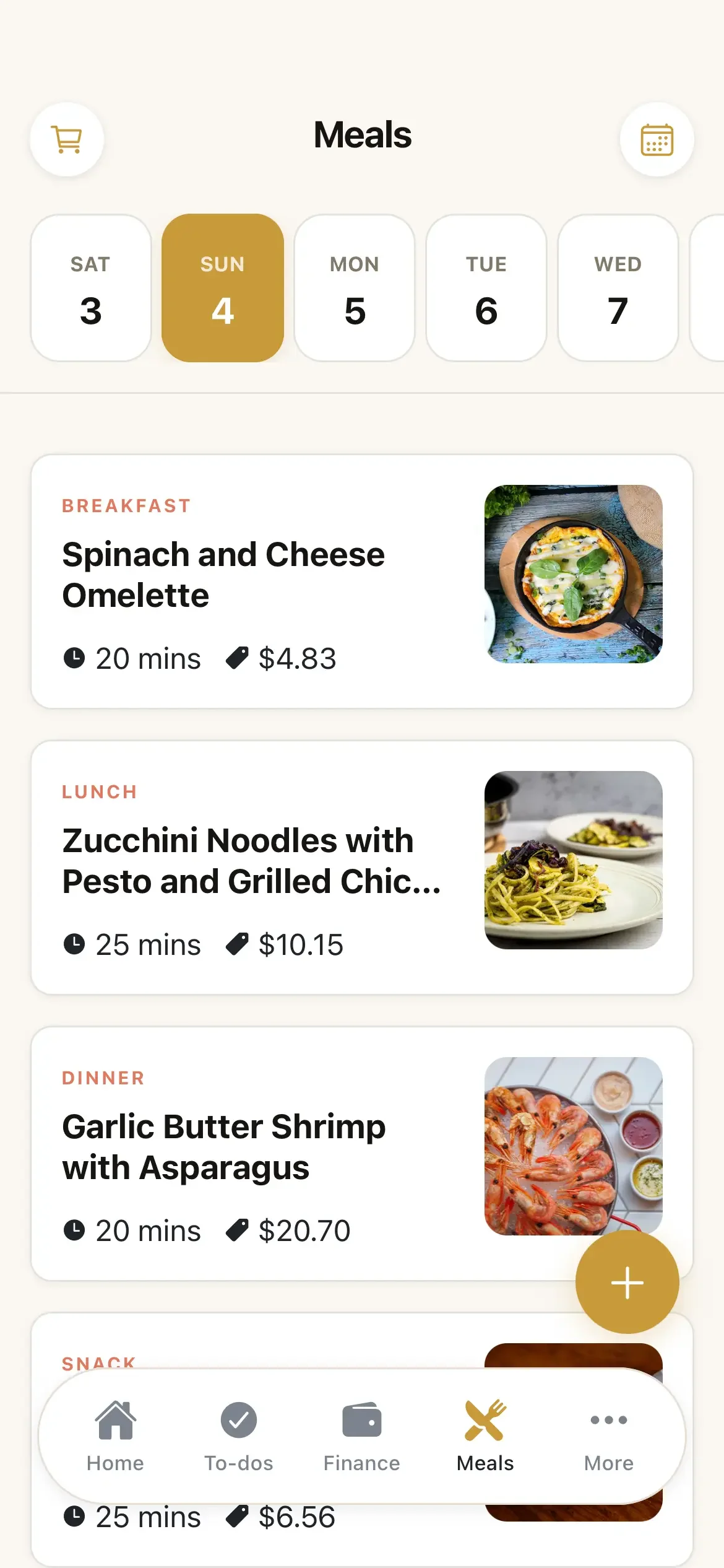ParentPal meal planning app screen showing planned family meals with an estimated cost on each meal